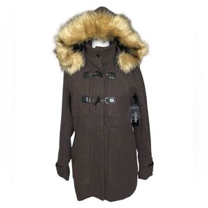 CoffeeShop Brown Pea Coat with Faux Fur Hood